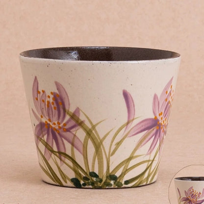 Vintage Oriental Floral Ceramic Coffee Mug, Jingdezhen Hand-Painted Coarse Stoneware Tea Cup, 180ml/6.1 fl oz Handleless Pottery with Dark Chocolate Interior, 4 Retro Flower Designs, Gift for Coffee Lovers