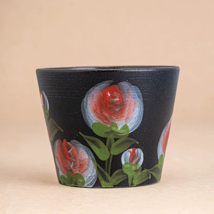 Vintage Oriental Floral Ceramic Coffee Mug, Jingdezhen Hand-Painted Coarse Stoneware Tea Cup, 180ml/6.1 fl oz Handleless Pottery with Dark Chocolate Interior, 4 Retro Flower Designs, Gift for Coffee Lovers