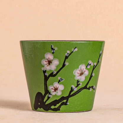 Vintage Oriental Floral Ceramic Coffee Mug, Jingdezhen Hand-Painted Coarse Stoneware Tea Cup, 180ml/6.1 fl oz Handleless Pottery with Dark Chocolate Interior, 4 Retro Flower Designs, Gift for Coffee Lovers