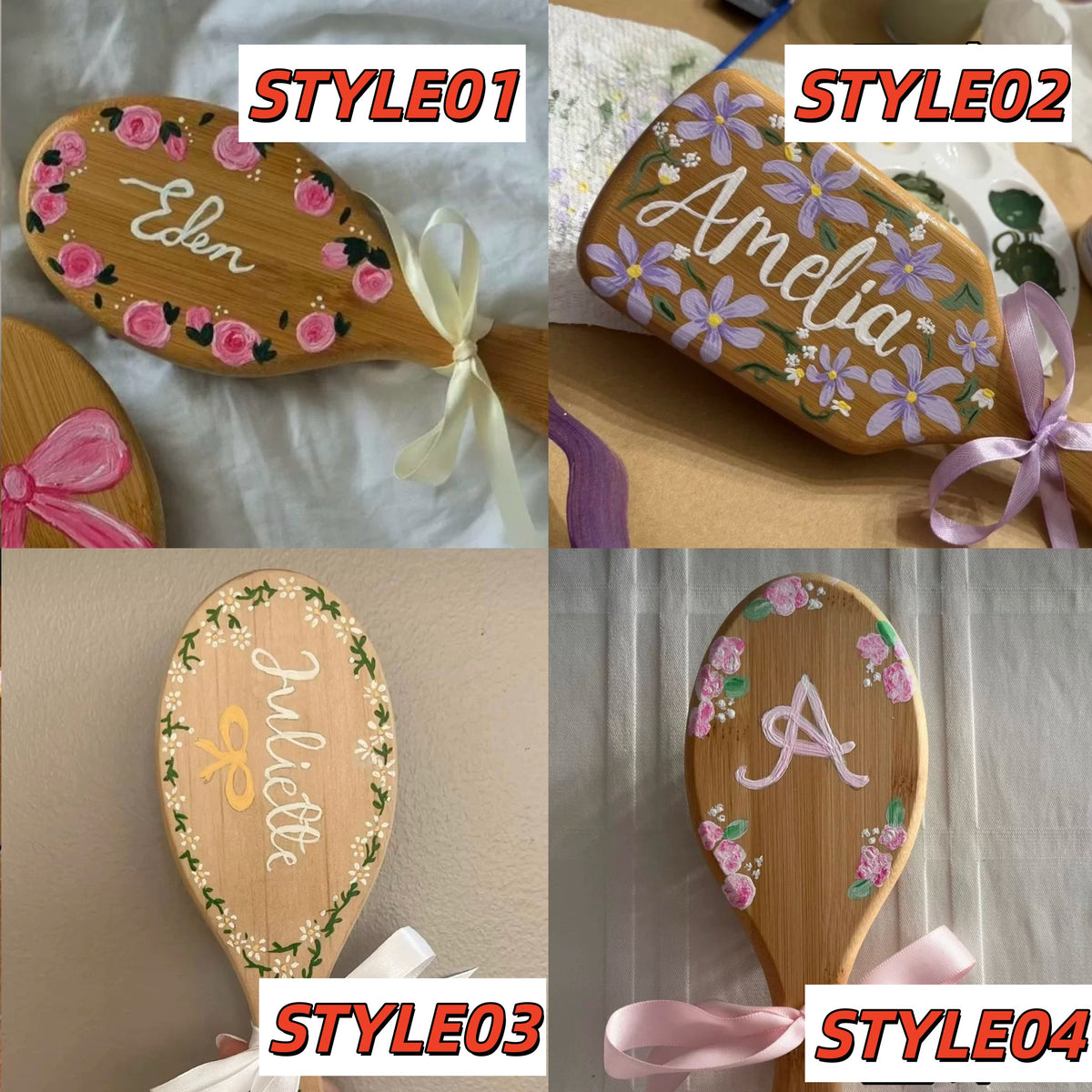 Personalized Hand-Painted Bamboo Hair Brush - Custom Name Floral Design Hairbrush