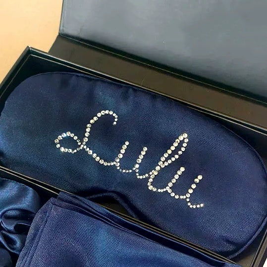 Personalized Satin Sleep Eye Mask with Custom Rhinestone Name - Customizable Sleeping Mask Gift Set with Scrunchie, Pouch & Gift Box for Women Girls Bridesmaids Birthday Travel (Purple/Pink/Navy/Gold/Silver/White)