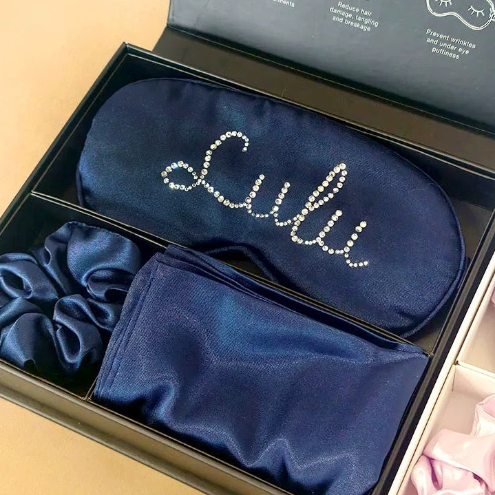 Personalized Satin Sleep Eye Mask with Custom Rhinestone Name - Customizable Sleeping Mask Gift Set with Scrunchie, Pouch & Gift Box for Women Girls Bridesmaids Birthday Travel (Purple/Pink/Navy/Gold/Silver/White)