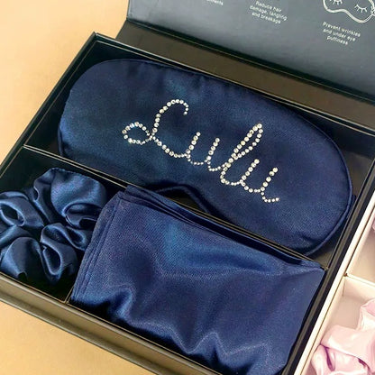 Personalized Satin Sleep Eye Mask with Custom Rhinestone Name - Customizable Sleeping Mask Gift Set with Scrunchie, Pouch & Gift Box for Women Girls Bridesmaids Birthday Travel (Purple/Pink/Navy/Gold/Silver/White)