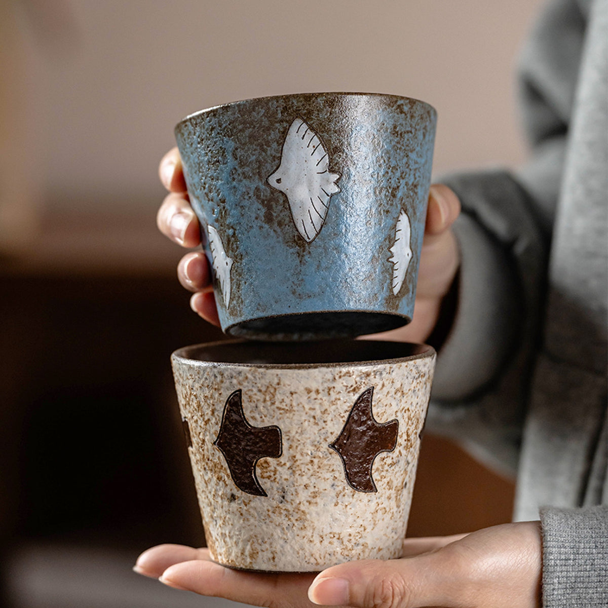 Handcrafted Ceramic Coffee Mug, Wabi-Sabi Style, Hand-Painted Seabird & Fish