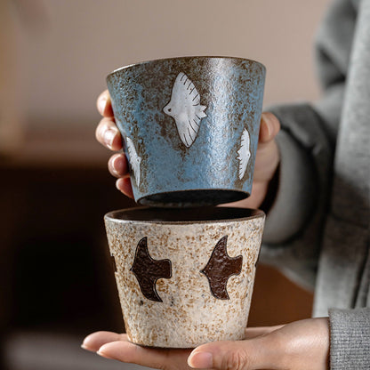 Handcrafted Ceramic Coffee Mug, Wabi-Sabi Style, Hand-Painted Seabird & Fish