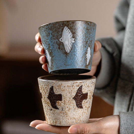 Handcrafted Ceramic Coffee Mug, Wabi-Sabi Style, Hand-Painted Seabird & Fish