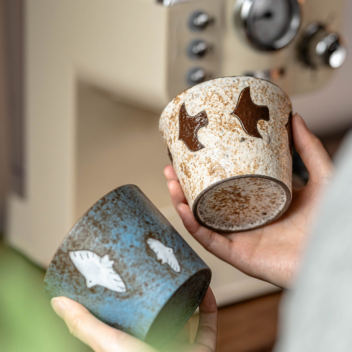 Handcrafted Ceramic Coffee Mug, Wabi-Sabi Style, Hand-Painted Seabird & Fish, gallery view 2
