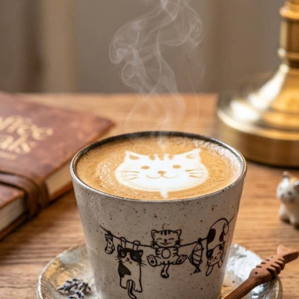 Hand-Painted Ceramic Latte Art Coffee Cup with Saucer, Zisha Clay Retro Style, gallery view 6