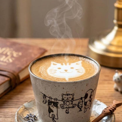 Hand-Painted Ceramic Latte Art Coffee Cup with Saucer, Zisha Clay Retro Style, gallery view 6