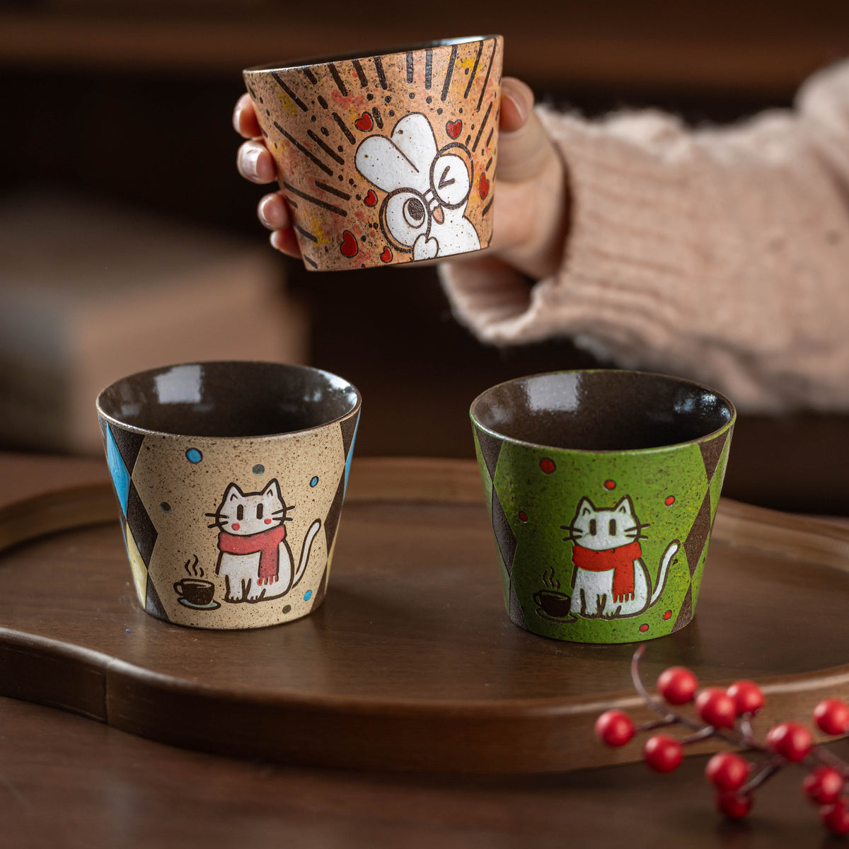 Hand-Painted Ceramic Latte Art Cup, Jingdezhen Underglaze Speckled Stoneware, gallery view 3