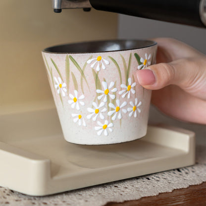 Hand-Painted Daisy Ceramic Latte Art Cup, Jingdezhen Underglaze Stoneware, 3D