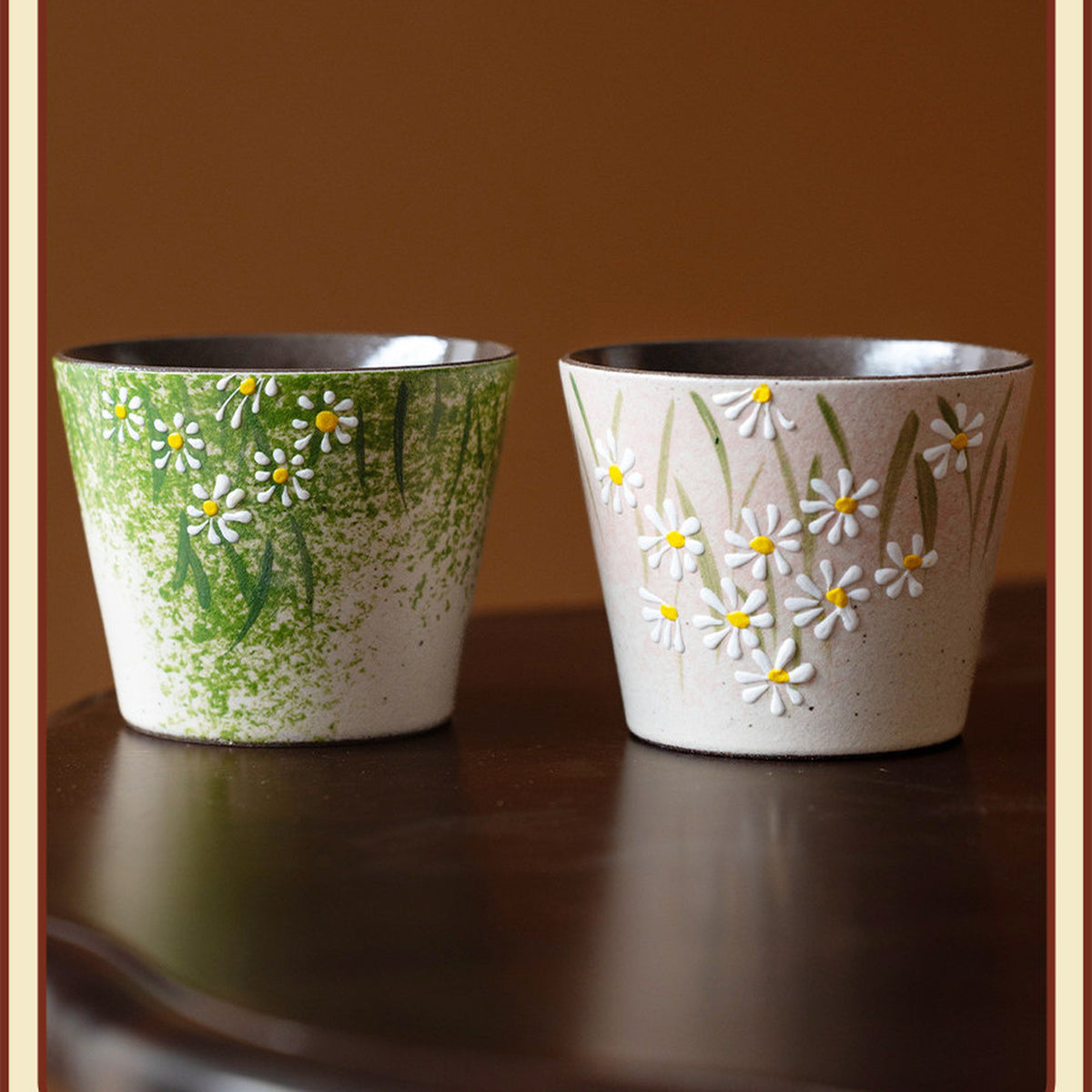 Hand-Painted Daisy Ceramic Latte Art Cup, Jingdezhen Underglaze Stoneware, 3D, gallery view 6
