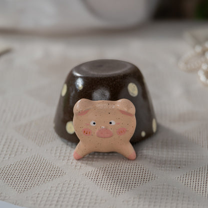 Cute Piggy Handle Mug, 8.5oz Jingdezhen Coarse Pottery Coffee Mug, Hand-Painted, gallery view 3