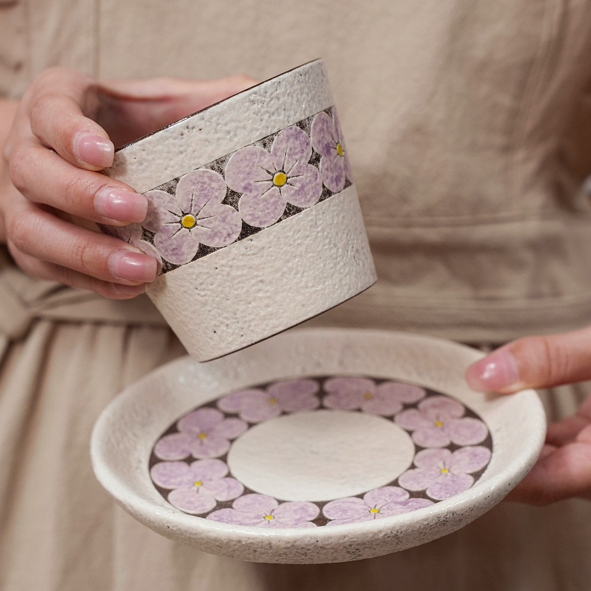 Purple Flower Cup and Saucer Set, 10oz Jingdezhen Coarse Pottery Coffee Mug