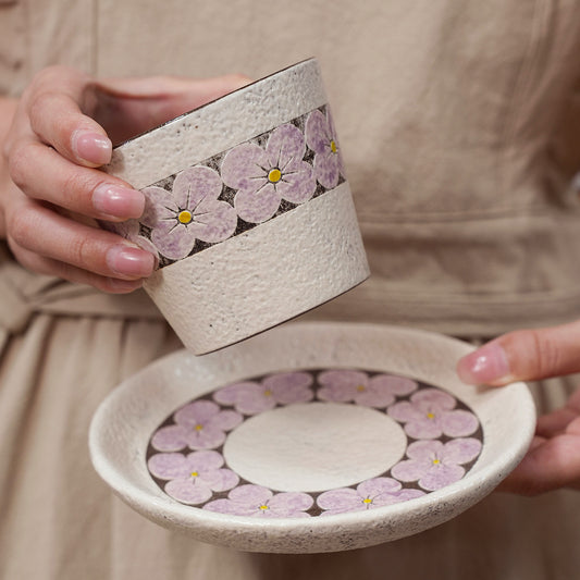 Purple Flower Cup and Saucer Set, 10oz Jingdezhen Coarse Pottery Coffee Mug
