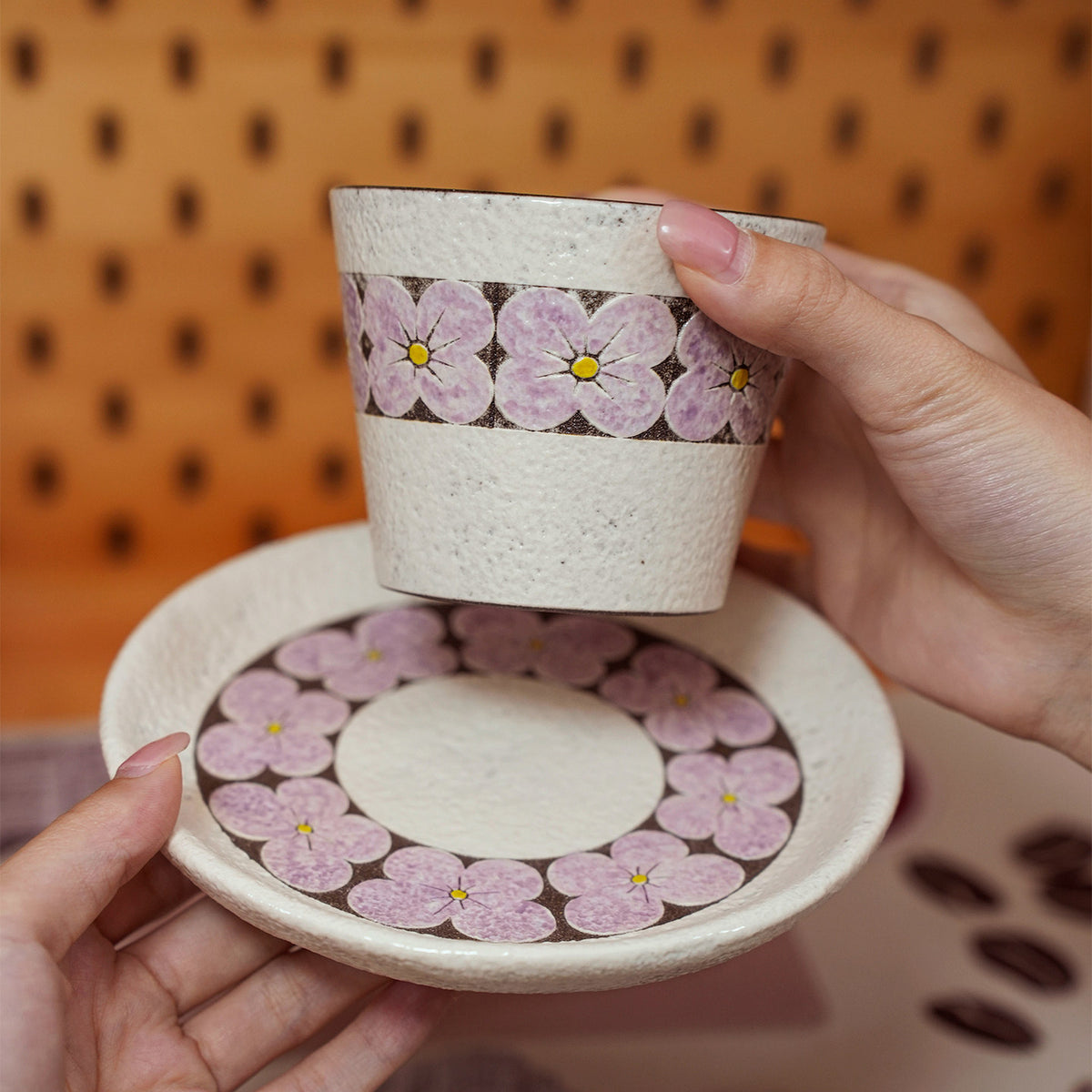 Purple Flower Cup and Saucer Set, 10oz Jingdezhen Coarse Pottery Coffee Mug, gallery view 2