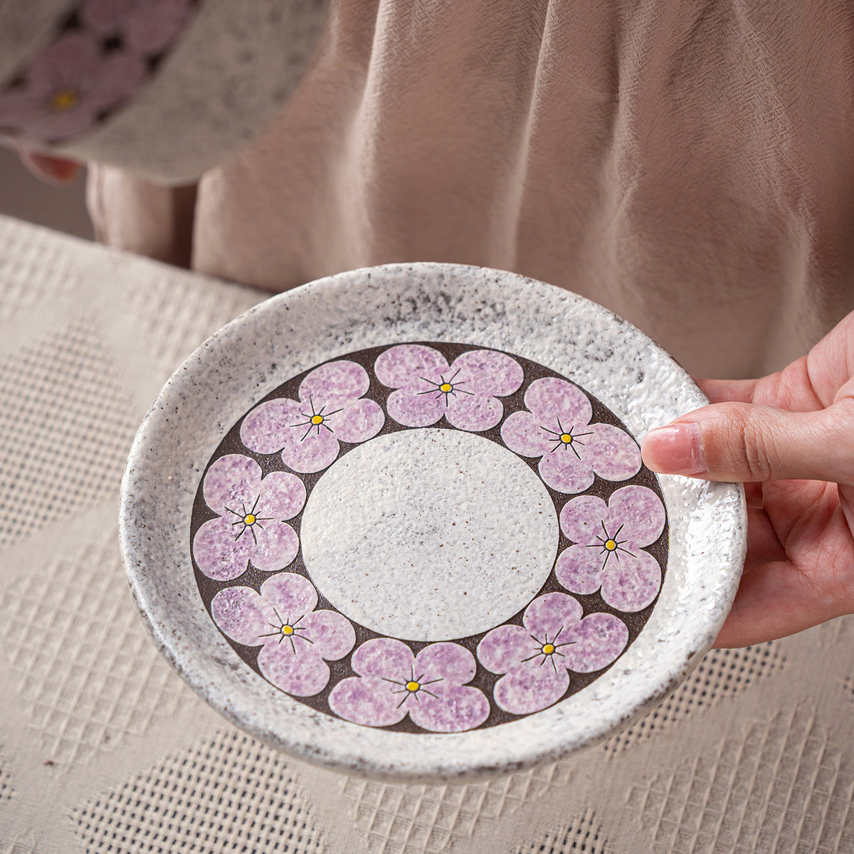 Purple Flower Cup and Saucer Set, 10oz Jingdezhen Coarse Pottery Coffee Mug, gallery view 4