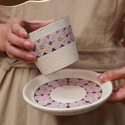 Purple Flower Cup and Saucer Set, 10oz Jingdezhen Coarse Pottery Coffee Mug, gallery view 6