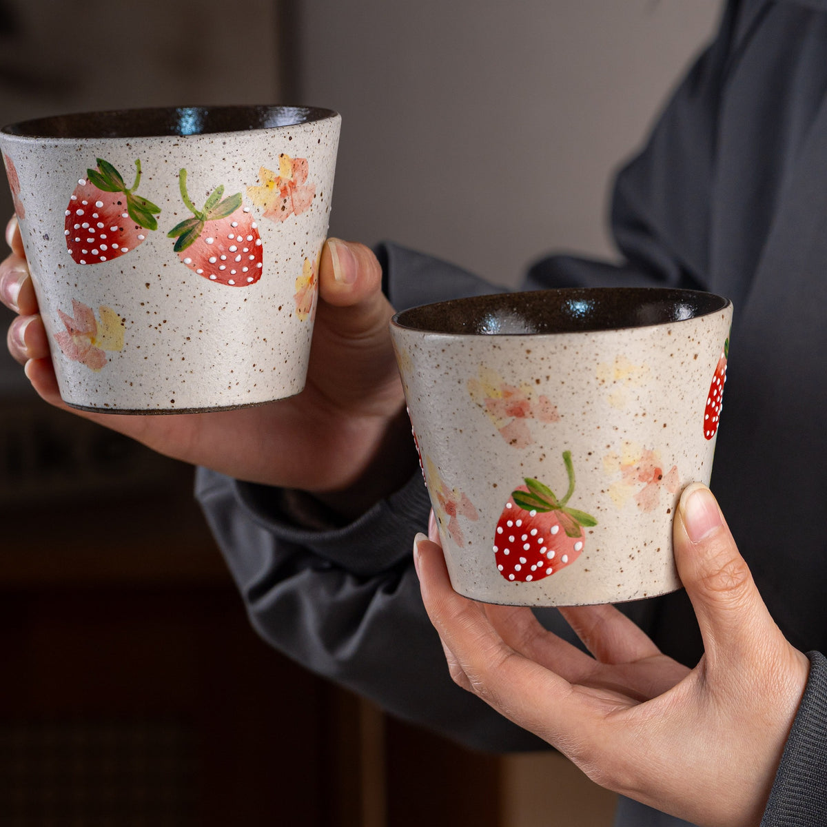 Strawberry Ceramic Coffee Mug, Jingdezhen Hand-Painted Fruit Pattern Handleless