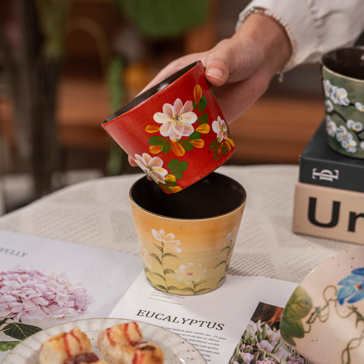 Vintage Oriental Floral Ceramic Coffee Mug, Jingdezhen Hand-Painted Coarse, gallery view 3