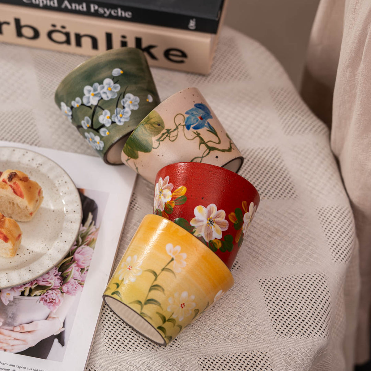Vintage Oriental Floral Ceramic Coffee Mug, Jingdezhen Hand-Painted Coarse, gallery view 8