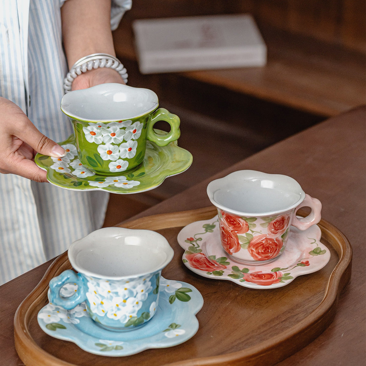 French Country Floral Ceramic Coffee Cup Saucer Set, Jingdezhen Hand-Painted