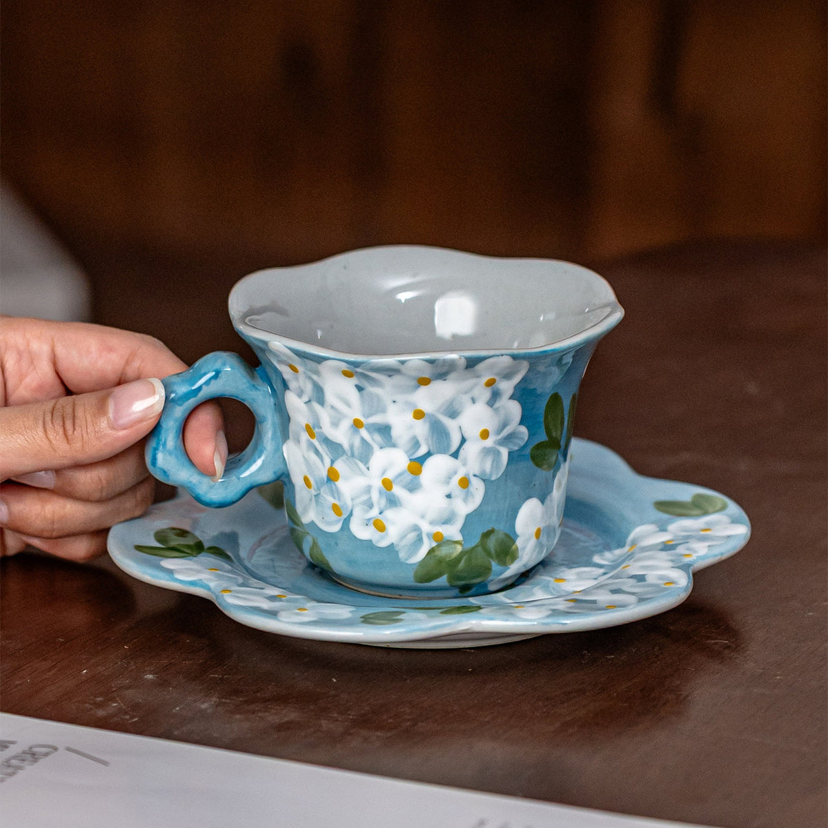 French Country Floral Ceramic Coffee Cup Saucer Set, Jingdezhen Hand-Painted, gallery view 2