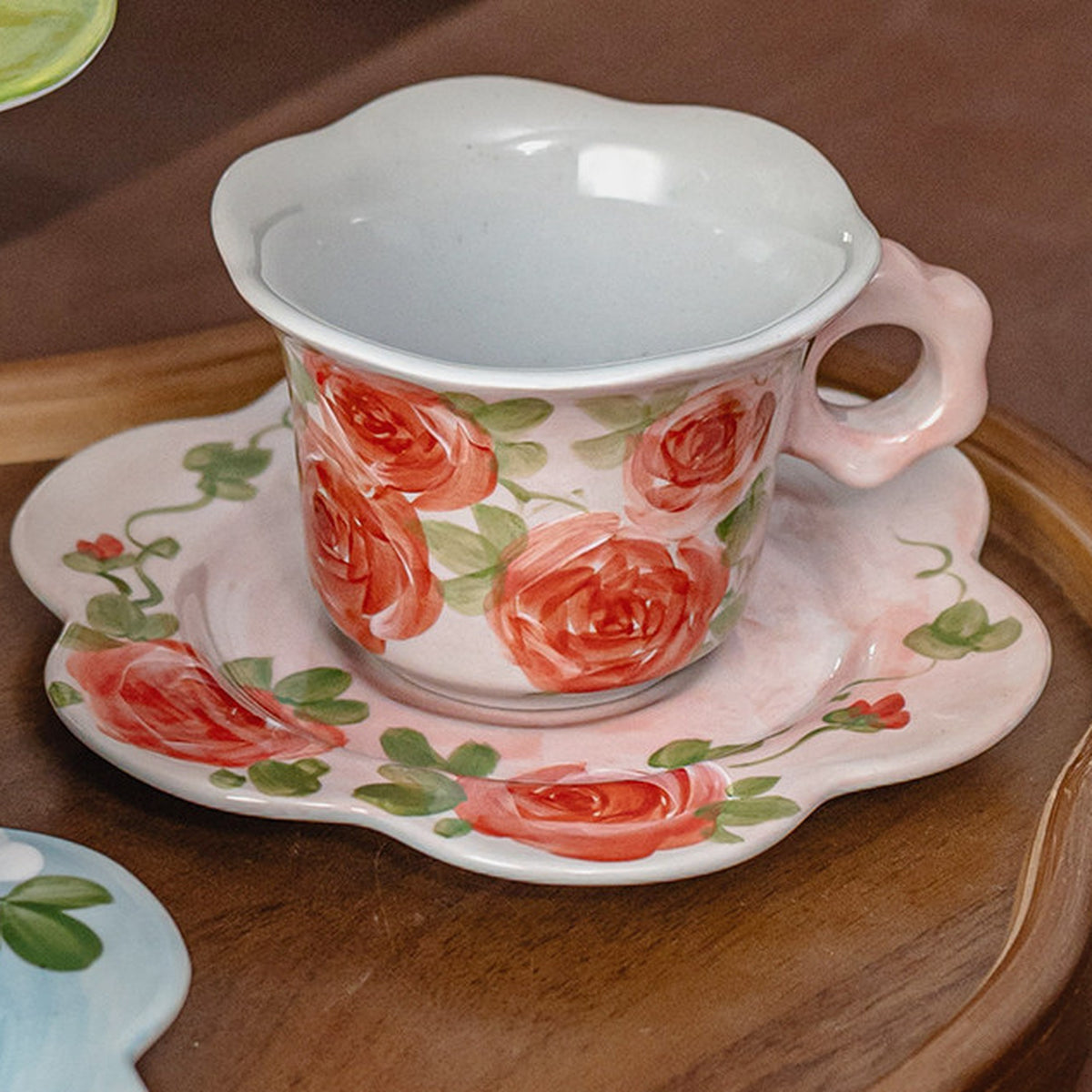 French Country Floral Ceramic Coffee Cup Saucer Set, Jingdezhen Hand-Painted, gallery view 5