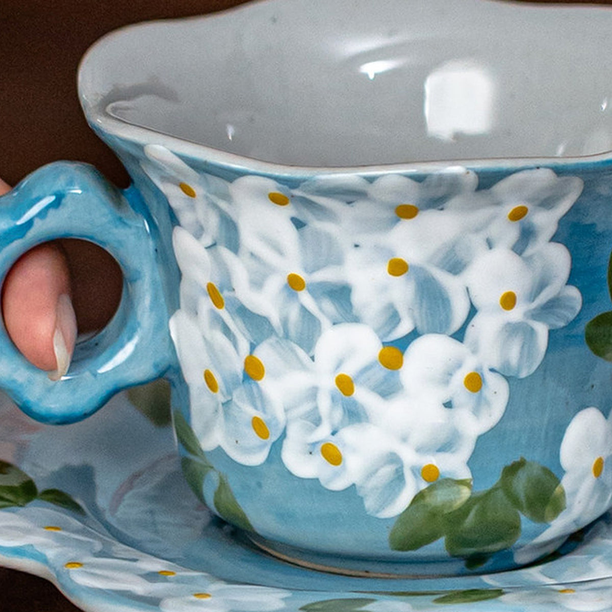 French Country Floral Ceramic Coffee Cup Saucer Set, Jingdezhen Hand-Painted, gallery view 6