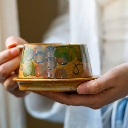 Rustic Stoneware Coffee Cup Saucer Set, Jingdezhen Hand-Painted Fruit Floral, gallery view 4