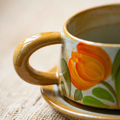 Rustic Stoneware Coffee Cup Saucer Set, Jingdezhen Hand-Painted Fruit Floral, gallery view 7