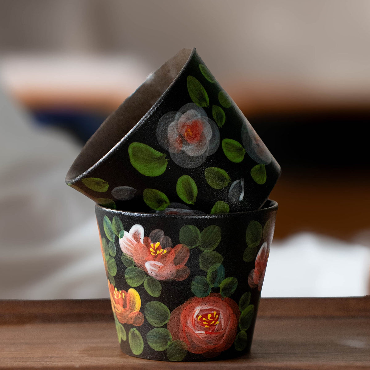 Black Stoneware Camellia Tea Cup, Jingdezhen Matte Black Pottery Hand-Painted