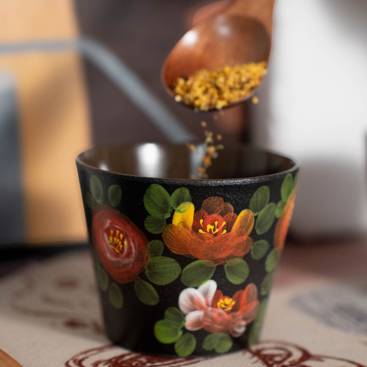 Black Stoneware Camellia Tea Cup, Jingdezhen Matte Black Pottery Hand-Painted, gallery view 2