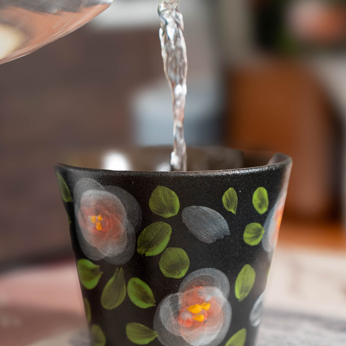 Black Stoneware Camellia Tea Cup, Jingdezhen Matte Black Pottery Hand-Painted, gallery view 4