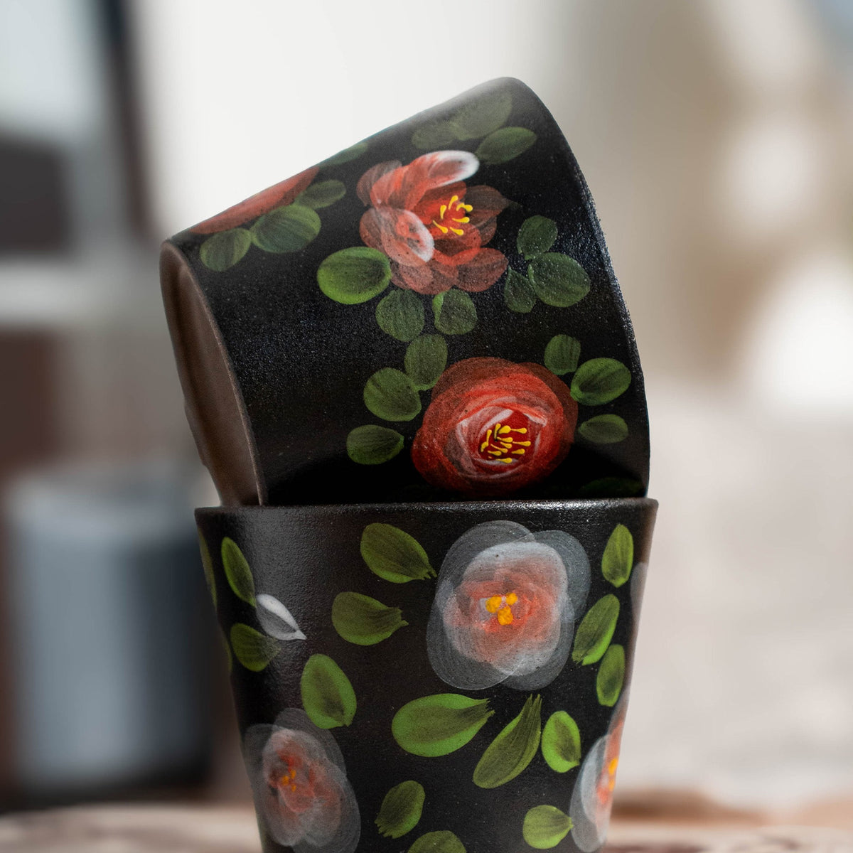 Black Stoneware Camellia Tea Cup, Jingdezhen Matte Black Pottery Hand-Painted, gallery view 6