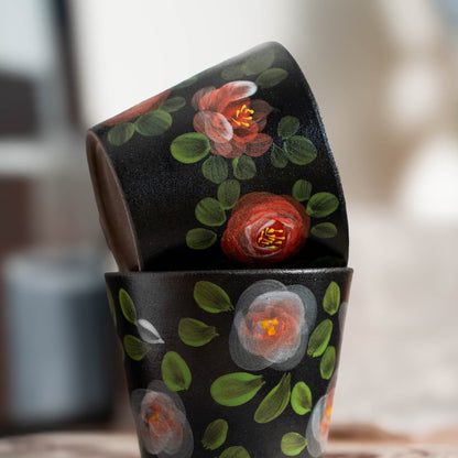 Black Stoneware Camellia Tea Cup, Jingdezhen Matte Black Pottery Hand-Painted, gallery view 6