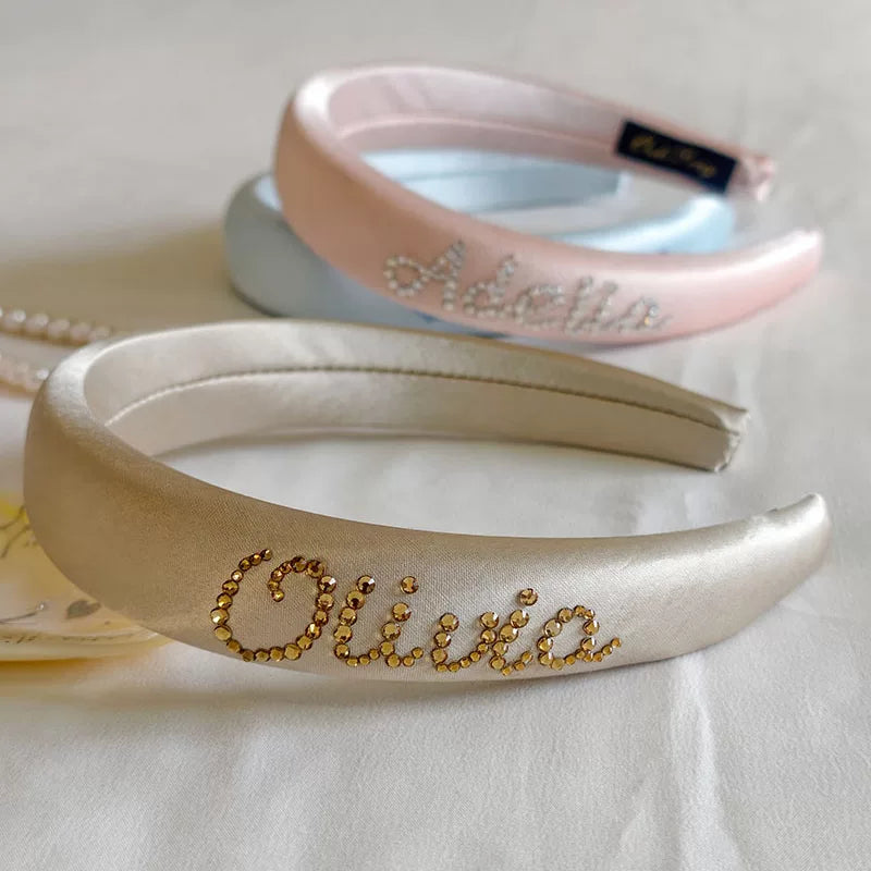 Personalized Rhinestone Name Silk Headband for Women - Custom 30 Momme Mulberry Silk Wide Padded Hair Band with Crystal Cursive Letters - Bridal Bridesmaid Wedding Birthday Gift, 5 Colors