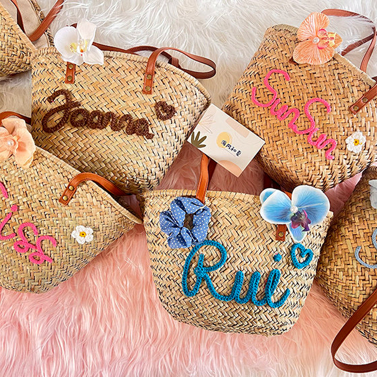 Personalized Straw Beach Tote Bag with Custom Name - Handwoven Seagrass Summer, gallery view 6