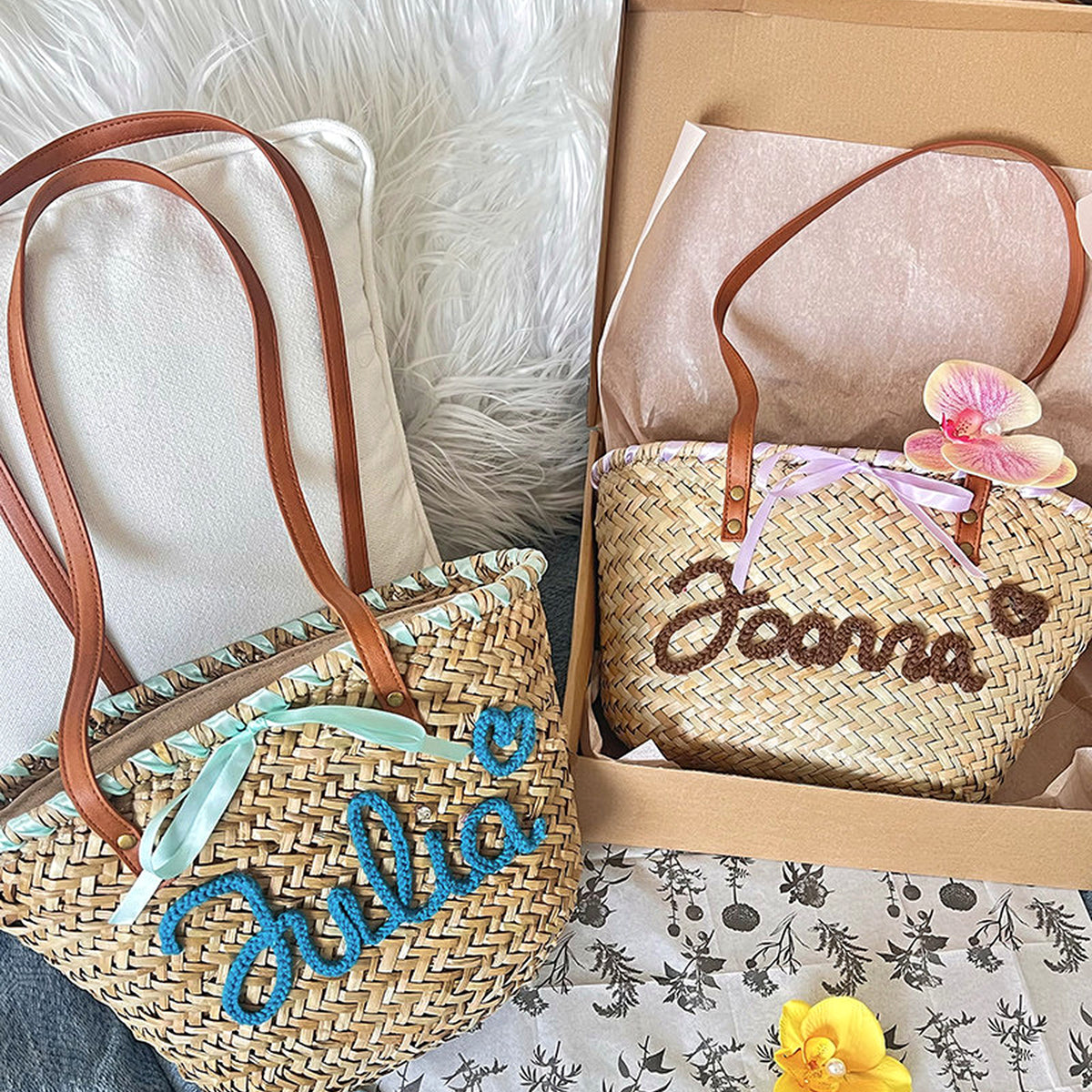 Personalized Straw Beach Tote Bag with Custom Name - Handwoven Seagrass Summer, gallery view 8