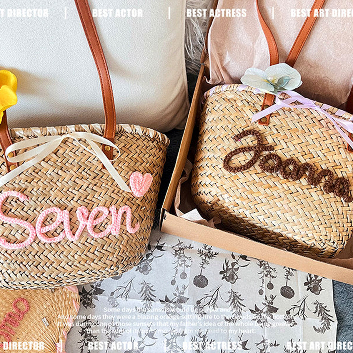 Personalized Straw Beach Tote Bag with Custom Name - Handwoven Seagrass Summer, gallery view 9