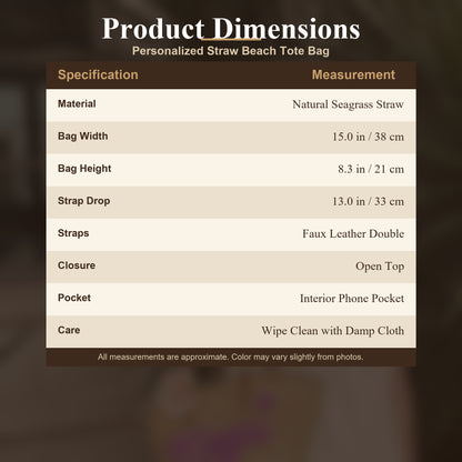 Size chart for Personalized Straw Beach Tote Bag with Custom Name - Handwoven Seagrass Summer