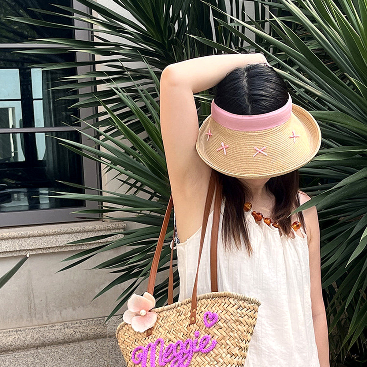 Personalized Straw Beach Tote Bag with Custom Name - Handwoven Seagrass Summer