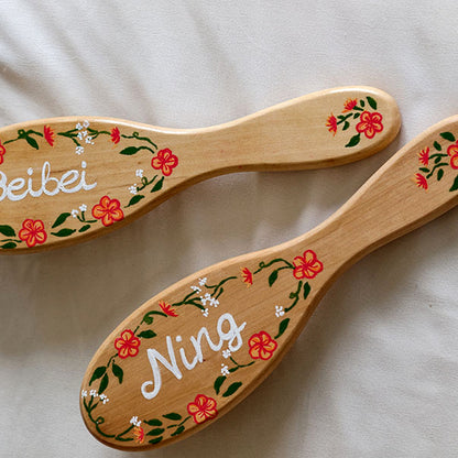 Personalized Hand-Painted Bamboo Hair Brush - Custom Name Floral Design, gallery view 3