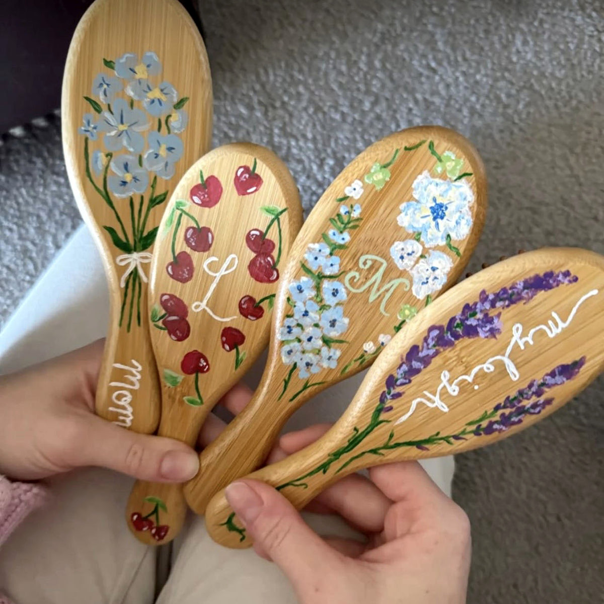 Personalized Hand-Painted Bamboo Hair Brush - Custom Name Floral Design, gallery view 5