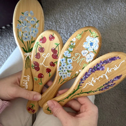 Personalized Hand-Painted Bamboo Hair Brush - Custom Name Floral Design, gallery view 5