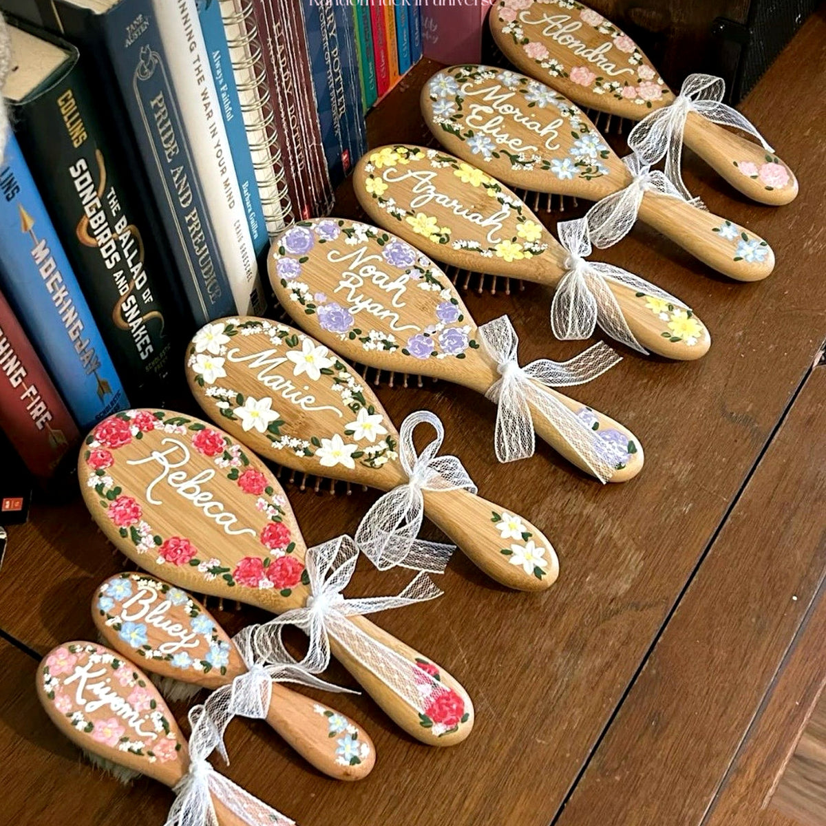 Personalized Hand-Painted Bamboo Hair Brush - Custom Name Floral Design