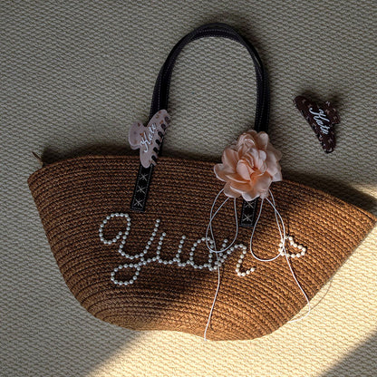 Personalized Straw Beach Tote Bag for Women - Custom Handwoven Shell Bag with, gallery view 6
