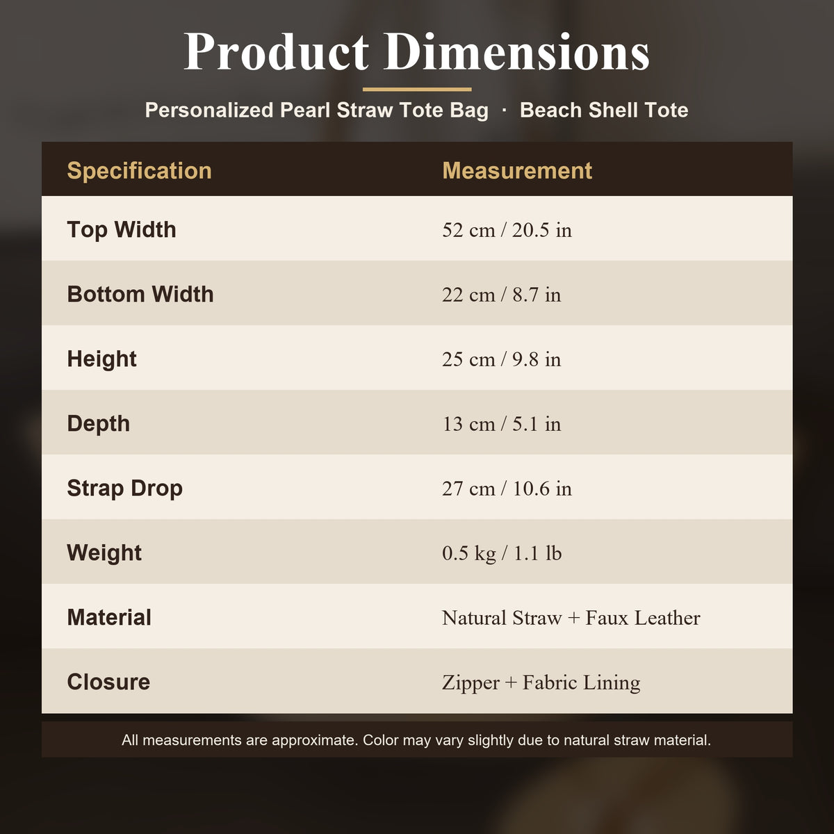 Size chart for Personalized Straw Beach Tote Bag for Women - Custom Handwoven Shell Bag with