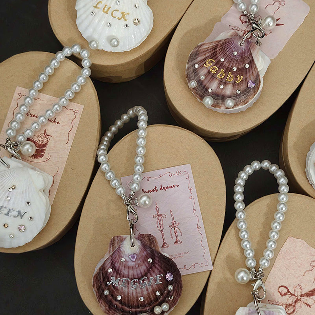 Personalized Name Pearl Shell Keychain for Women, Handmade Natural Scallop, gallery view 3