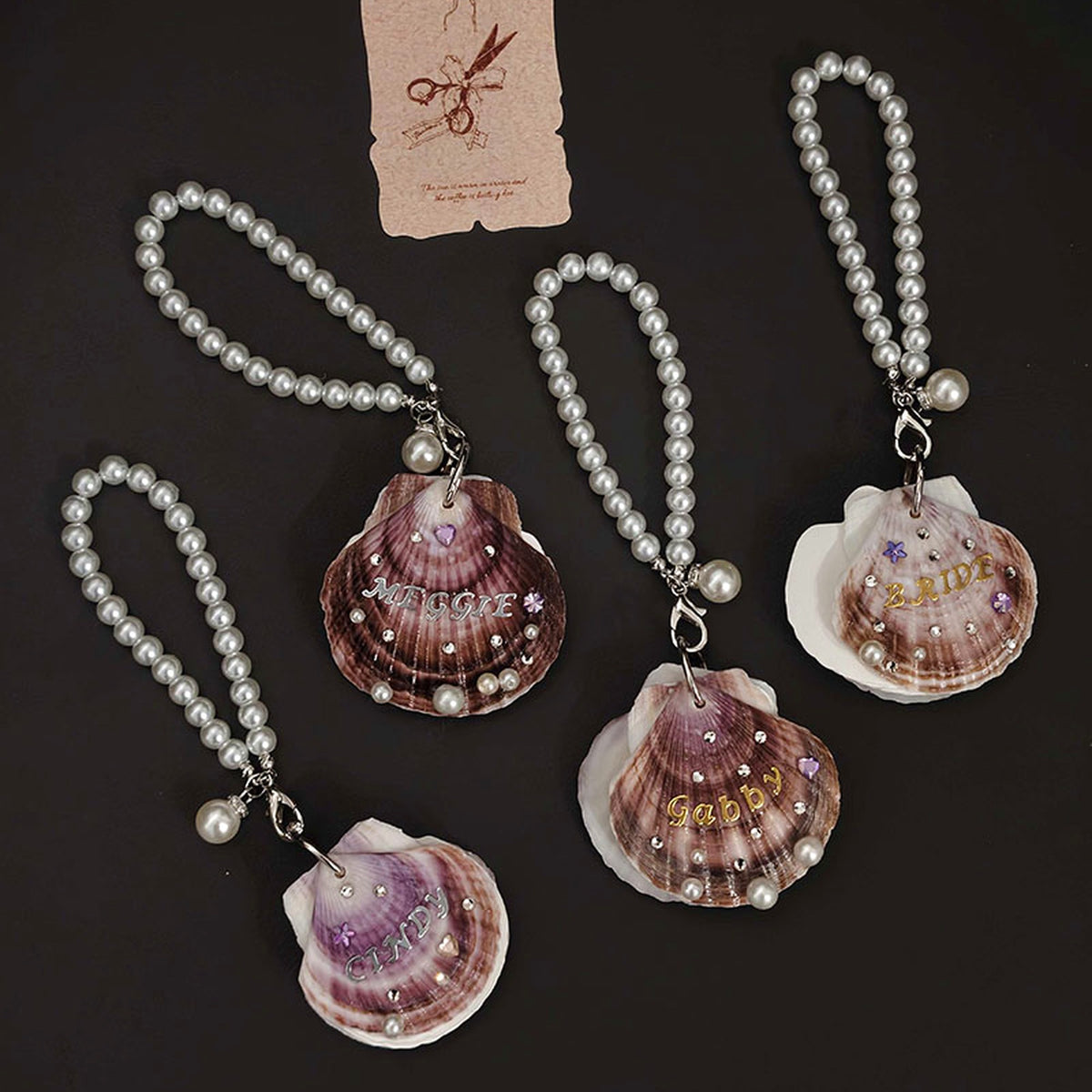 Personalized Name Pearl Shell Keychain for Women, Handmade Natural Scallop, gallery view 4